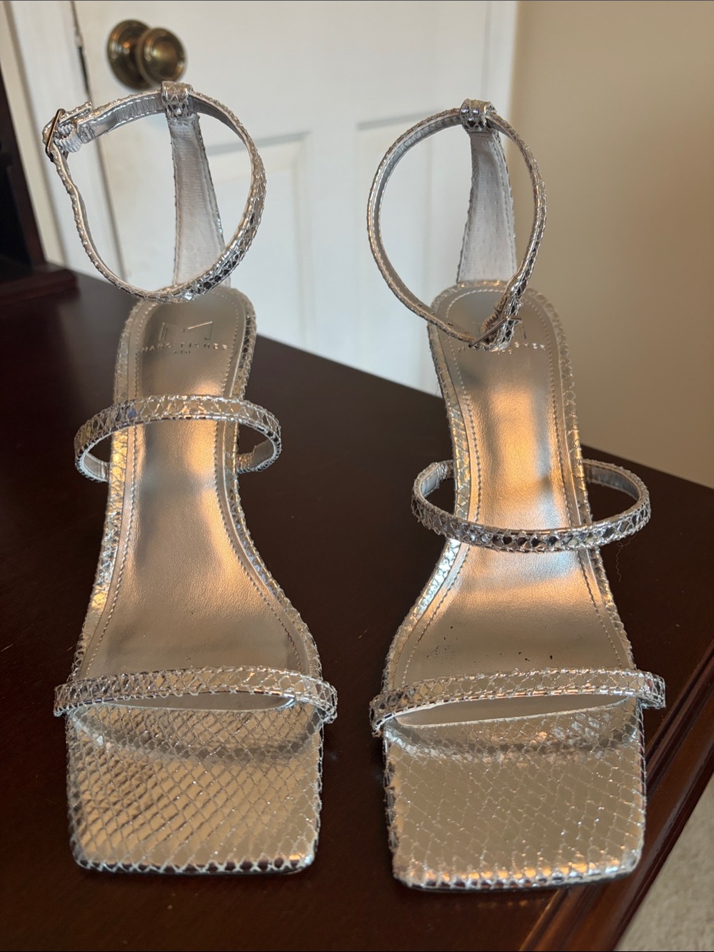 Marc Fisher Silver Strappy Square-Toe Heels